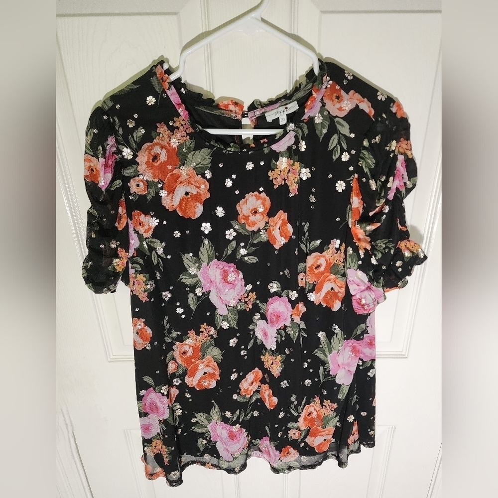 Poppi Floral Stretchy Womens Short Sleeve Blouse 2X